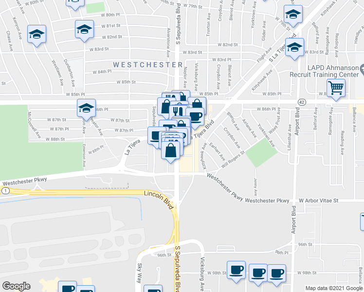 map of restaurants, bars, coffee shops, grocery stores, and more near 8814 South Sepulveda Boulevard in Los Angeles