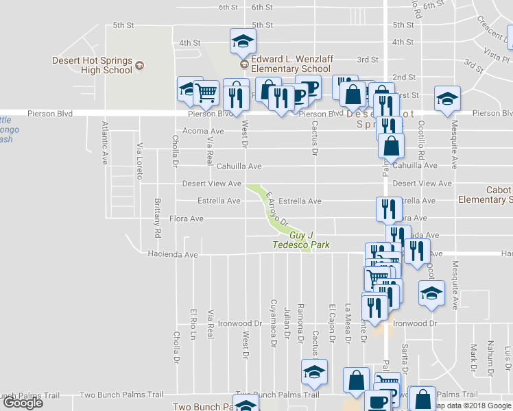 map of restaurants, bars, coffee shops, grocery stores, and more near 66045 Estrella Avenue in Desert Hot Springs