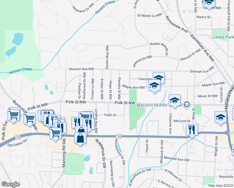 map of restaurants, bars, coffee shops, grocery stores, and more near 486 Patricia Way in Marietta