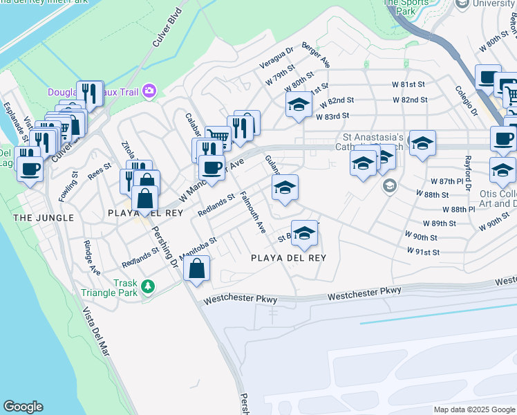 map of restaurants, bars, coffee shops, grocery stores, and more near 8634 Falmouth Avenue in Los Angeles