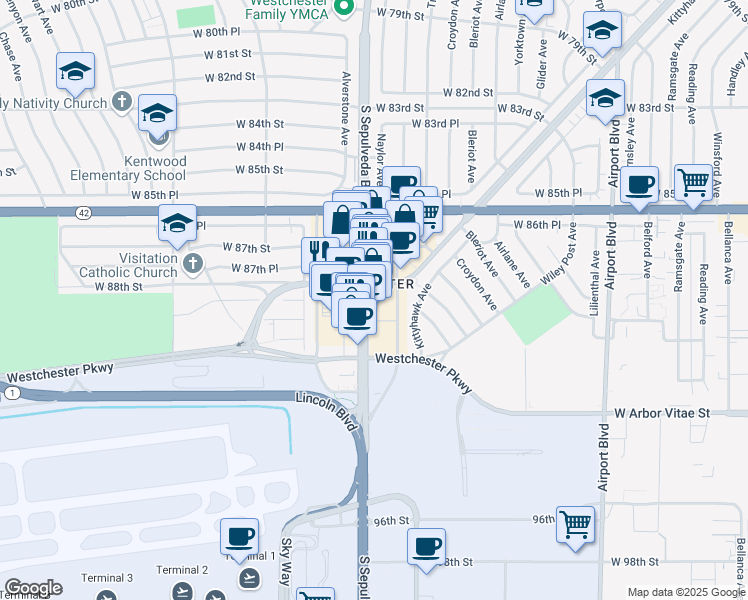 map of restaurants, bars, coffee shops, grocery stores, and more near 8800 South Sepulveda Boulevard in Los Angeles