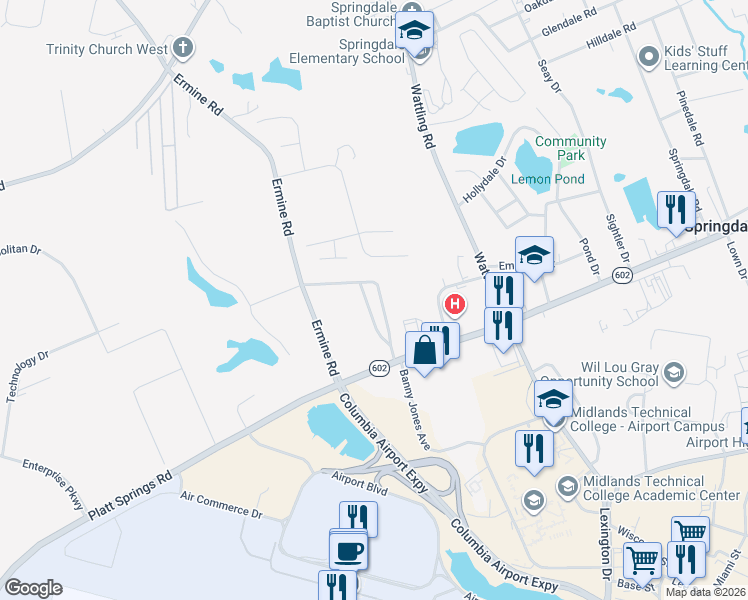 map of restaurants, bars, coffee shops, grocery stores, and more near 1147 West Fairhill Drive in West Columbia