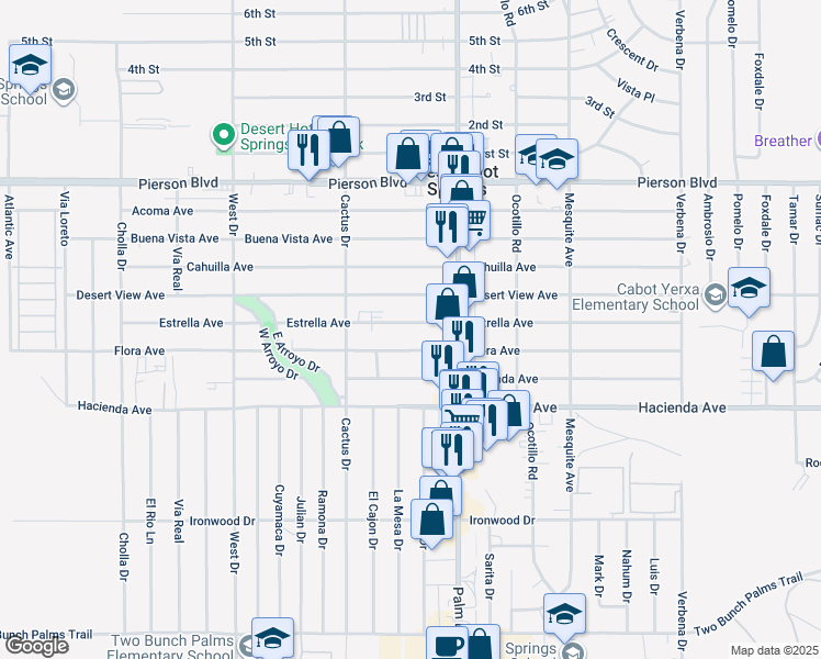 map of restaurants, bars, coffee shops, grocery stores, and more near 66399 Estrella Avenue in Desert Hot Springs