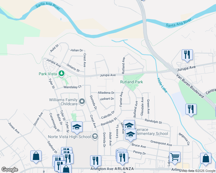 map of restaurants, bars, coffee shops, grocery stores, and more near 6940 Keating Drive in Riverside