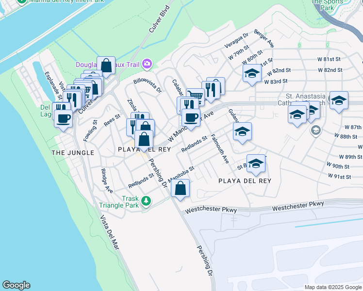 map of restaurants, bars, coffee shops, grocery stores, and more near 8600 Tuscany Avenue in Los Angeles