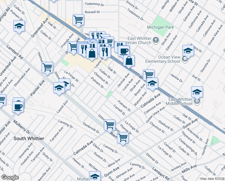 map of restaurants, bars, coffee shops, grocery stores, and more near 8807 Jacmar Avenue in Whittier