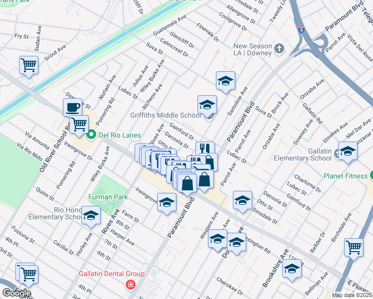 map of restaurants, bars, coffee shops, grocery stores, and more near 7850 Dacosta Street in Downey