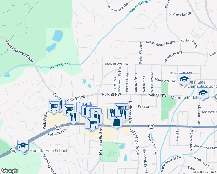 map of restaurants, bars, coffee shops, grocery stores, and more near 719 Helen Street Northwest in Marietta
