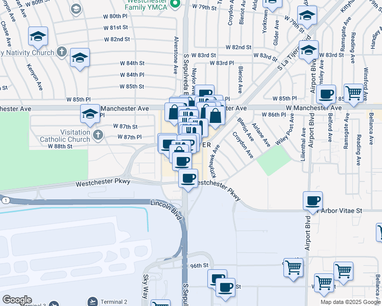 map of restaurants, bars, coffee shops, grocery stores, and more near 8814 South Sepulveda Boulevard in Los Angeles