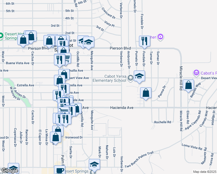 map of restaurants, bars, coffee shops, grocery stores, and more near Estrella Avenue in Desert Hot Springs
