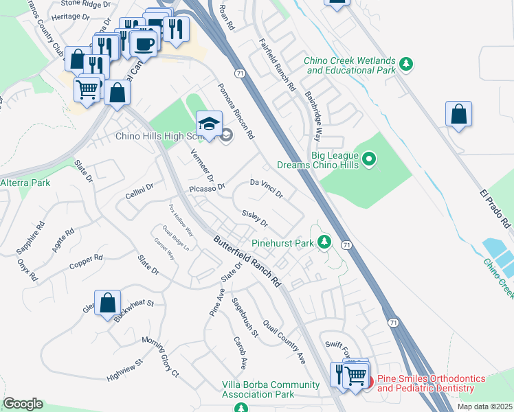 map of restaurants, bars, coffee shops, grocery stores, and more near 16270 Van Gogh Court in Chino Hills