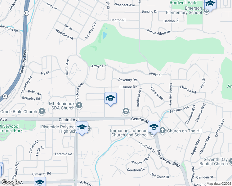 map of restaurants, bars, coffee shops, grocery stores, and more near 5226 Coventry Drive in Riverside