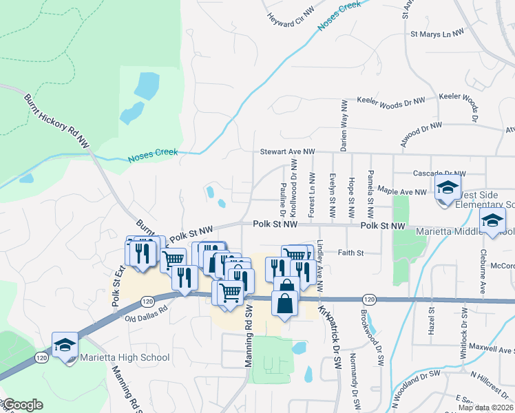 map of restaurants, bars, coffee shops, grocery stores, and more near 242 Mountain View Road Northwest in Marietta