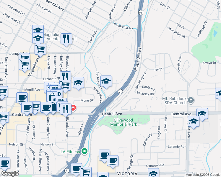 map of restaurants, bars, coffee shops, grocery stores, and more near 6225 Cliff Court in Riverside