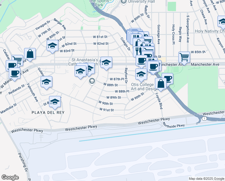 map of restaurants, bars, coffee shops, grocery stores, and more near 7401 West 88th Place in Los Angeles