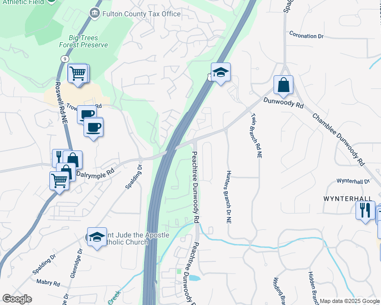 map of restaurants, bars, coffee shops, grocery stores, and more near 7400 Peachtree Dunwoody Road in Atlanta