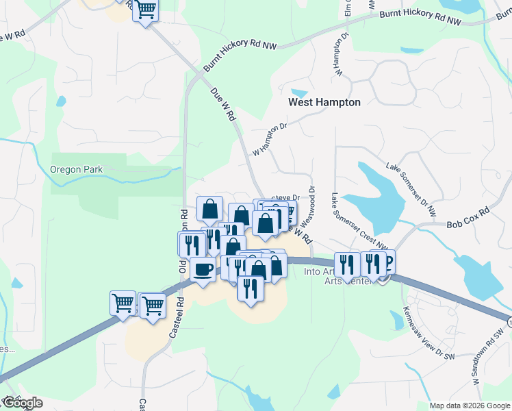 map of restaurants, bars, coffee shops, grocery stores, and more near 3466 Whisperwood Court Northwest in Marietta