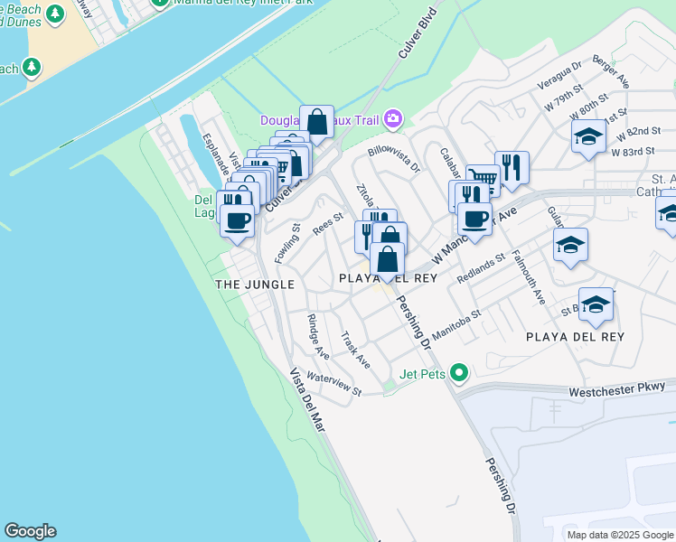map of restaurants, bars, coffee shops, grocery stores, and more near 7123 Earldom Avenue in Los Angeles