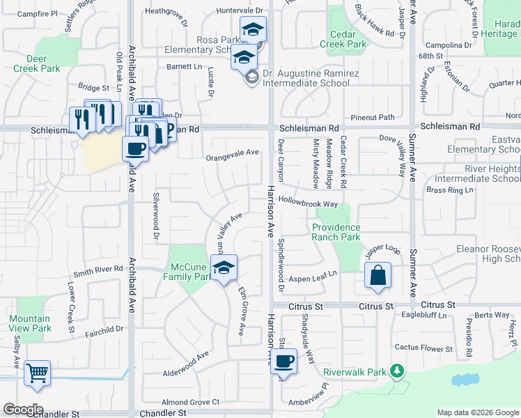 map of restaurants, bars, coffee shops, grocery stores, and more near 7141 Citrus Valley Avenue in Corona
