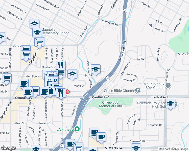 map of restaurants, bars, coffee shops, grocery stores, and more near 3398 Gibraltar Drive in Riverside