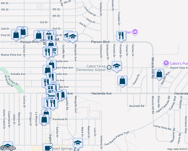 map of restaurants, bars, coffee shops, grocery stores, and more near 66931 Estrella Avenue in Desert Hot Springs