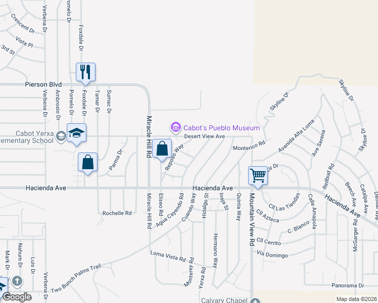 map of restaurants, bars, coffee shops, grocery stores, and more near 67610 Tunitas Road in Desert Hot Springs