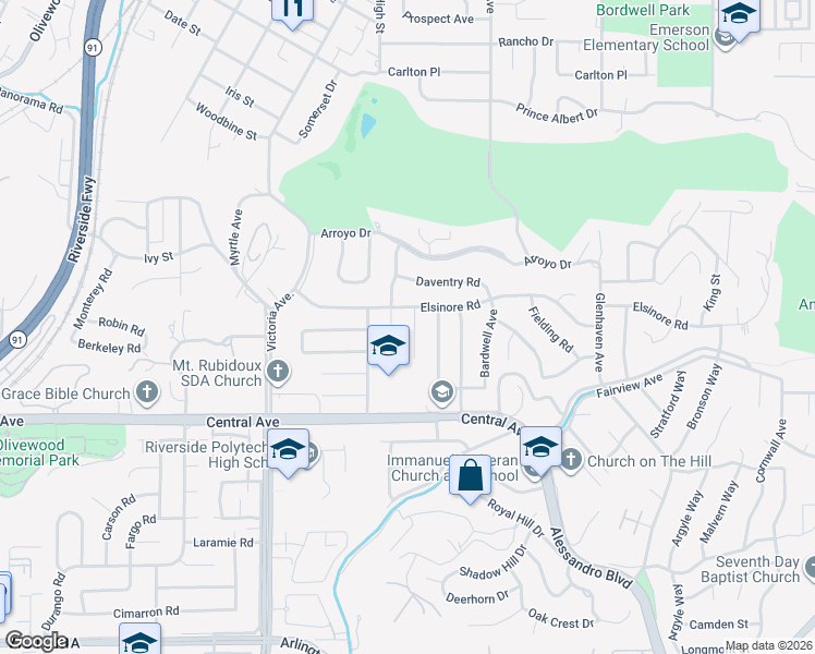 map of restaurants, bars, coffee shops, grocery stores, and more near 5226 Coventry Drive in Riverside
