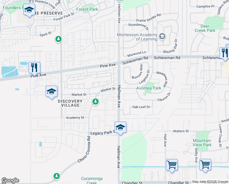 map of restaurants, bars, coffee shops, grocery stores, and more near 16320-16334 Hellman Avenue in Corona