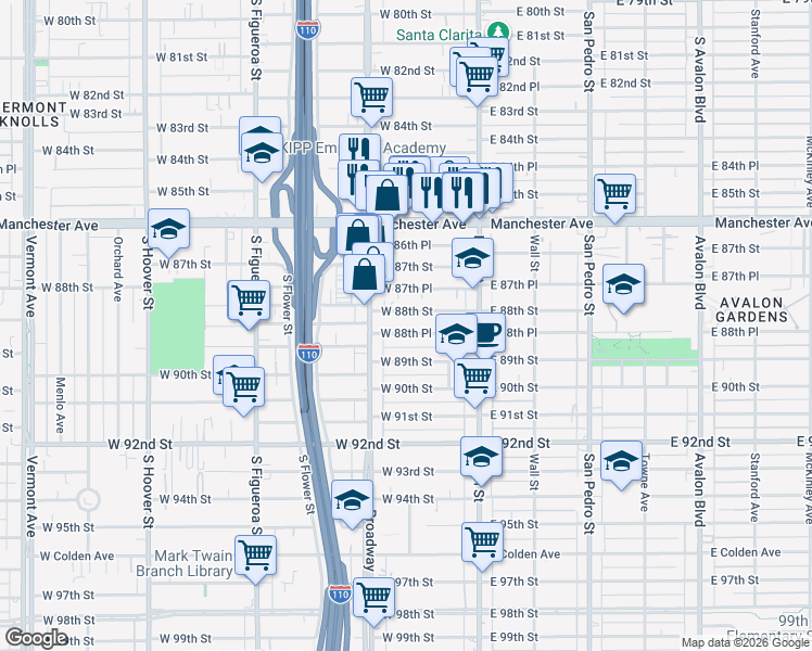 map of restaurants, bars, coffee shops, grocery stores, and more near 212 West 88th Street in Los Angeles