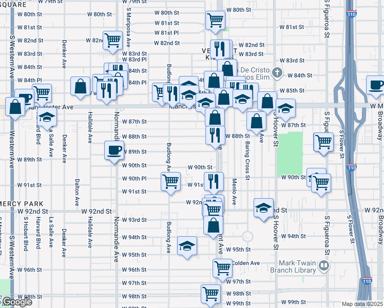 map of restaurants, bars, coffee shops, grocery stores, and more near 1115 West 89th Street in Los Angeles