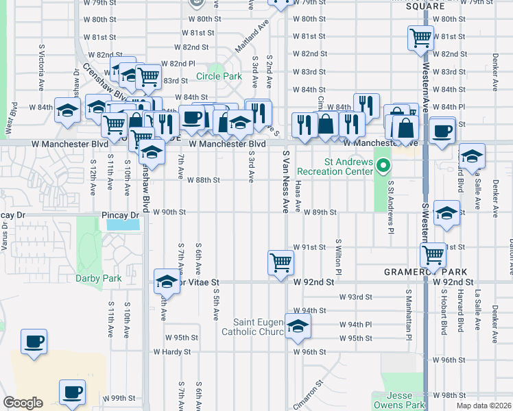 map of restaurants, bars, coffee shops, grocery stores, and more near 8913 South 3rd Avenue in Inglewood