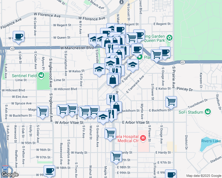 map of restaurants, bars, coffee shops, grocery stores, and more near 516 South La Brea Avenue in Inglewood