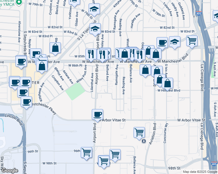 map of restaurants, bars, coffee shops, grocery stores, and more near 8735 Belford Avenue in Los Angeles
