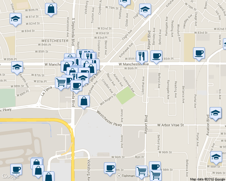 map of restaurants, bars, coffee shops, grocery stores, and more near 8807 Bleriot Avenue in Los Angeles