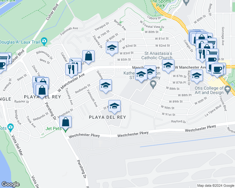 map of restaurants, bars, coffee shops, grocery stores, and more near 8650 Gulana Avenue in Los Angeles