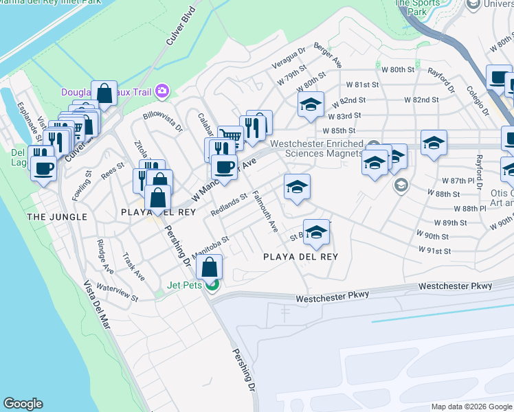 map of restaurants, bars, coffee shops, grocery stores, and more near 8135 Redlands Street in Los Angeles