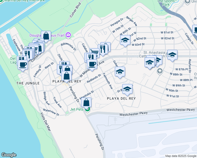 map of restaurants, bars, coffee shops, grocery stores, and more near 8135 Redlands Street in Los Angeles