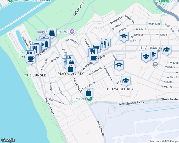 map of restaurants, bars, coffee shops, grocery stores, and more near 8600 Tuscany Avenue in Los Angeles