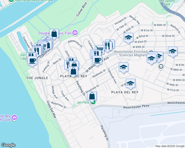 map of restaurants, bars, coffee shops, grocery stores, and more near 8600 Tuscany Avenue in Los Angeles
