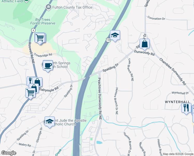 map of restaurants, bars, coffee shops, grocery stores, and more near 7375 Peachtree Dunwoody Road in Atlanta