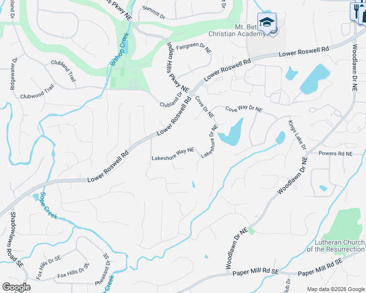 map of restaurants, bars, coffee shops, grocery stores, and more near 4154 Lakeshore Way Northeast in Marietta
