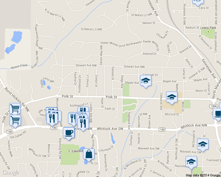 map of restaurants, bars, coffee shops, grocery stores, and more near 486 Patricia Way in Marietta