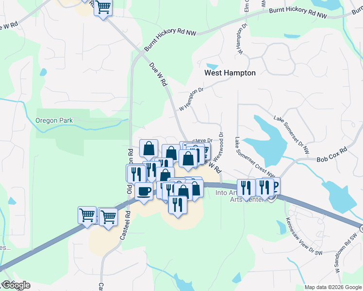 map of restaurants, bars, coffee shops, grocery stores, and more near 3466 Whisperwood Court Northwest in Marietta
