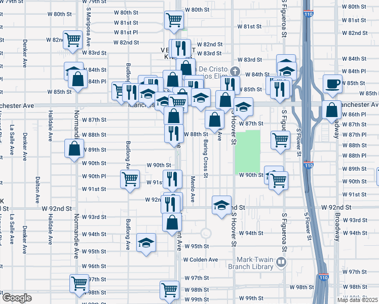 map of restaurants, bars, coffee shops, grocery stores, and more near 8907 Menlo Avenue in Los Angeles