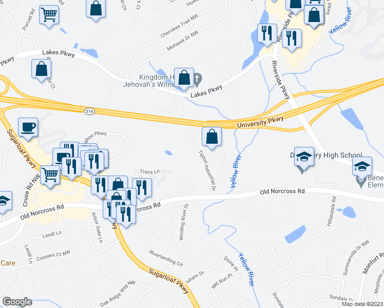 map of restaurants, bars, coffee shops, grocery stores, and more near 770 Tipton Industrial Drive in Lawrenceville