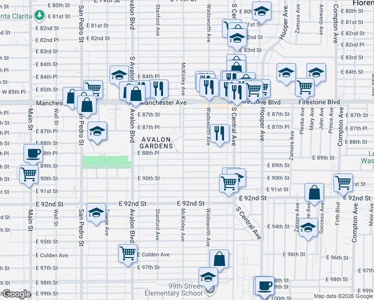 map of restaurants, bars, coffee shops, grocery stores, and more near 807 East 88th Place in Los Angeles