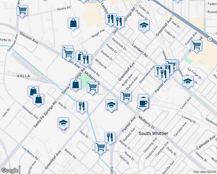 map of restaurants, bars, coffee shops, grocery stores, and more near 12912 Shreve Road in Whittier
