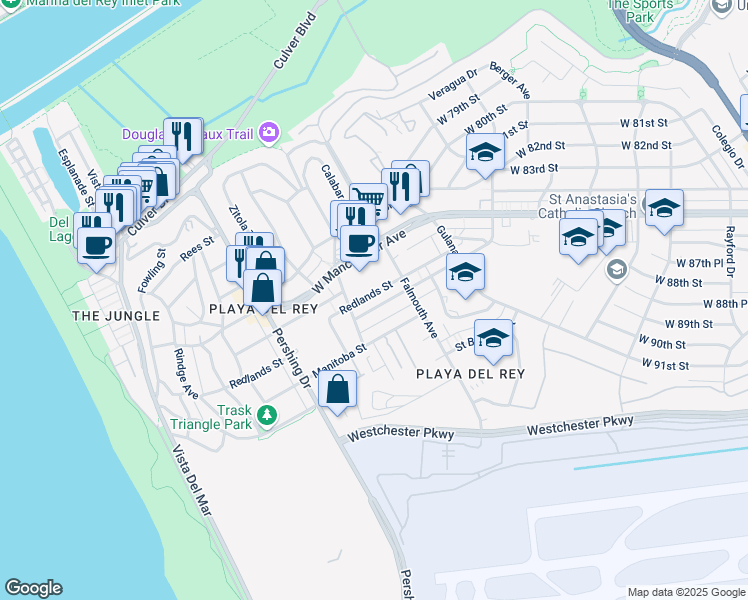 map of restaurants, bars, coffee shops, grocery stores, and more near 8135 Redlands Street in Los Angeles