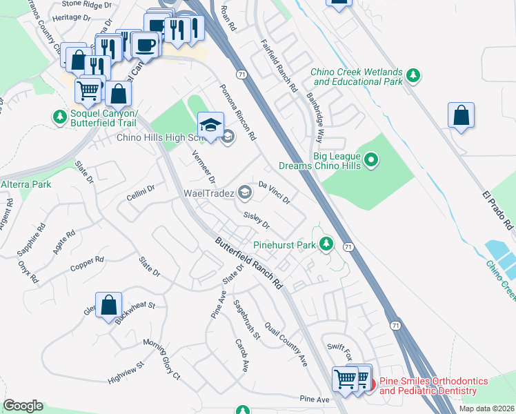 map of restaurants, bars, coffee shops, grocery stores, and more near 16270 Van Gogh Court in Chino Hills