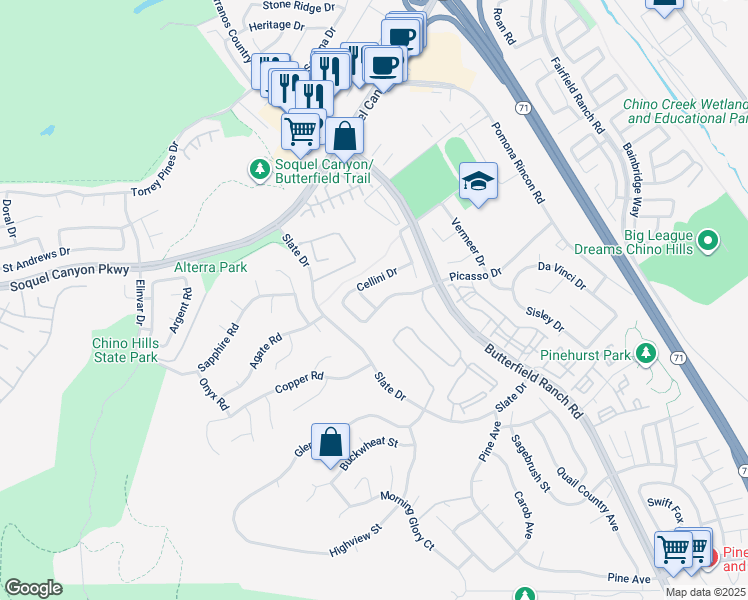 map of restaurants, bars, coffee shops, grocery stores, and more near 16373 Oldenburg Drive in Chino Hills